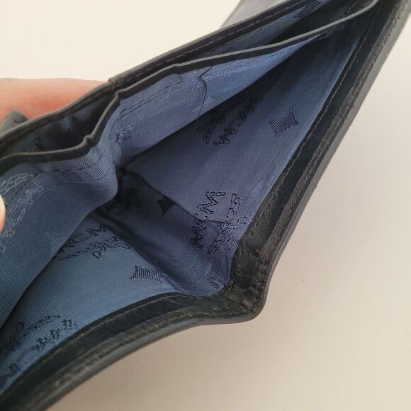 MCM Vintage Men's Wallet Card Case Leather Designer Bifold Signature Navy Blue - Picture 9 of 14